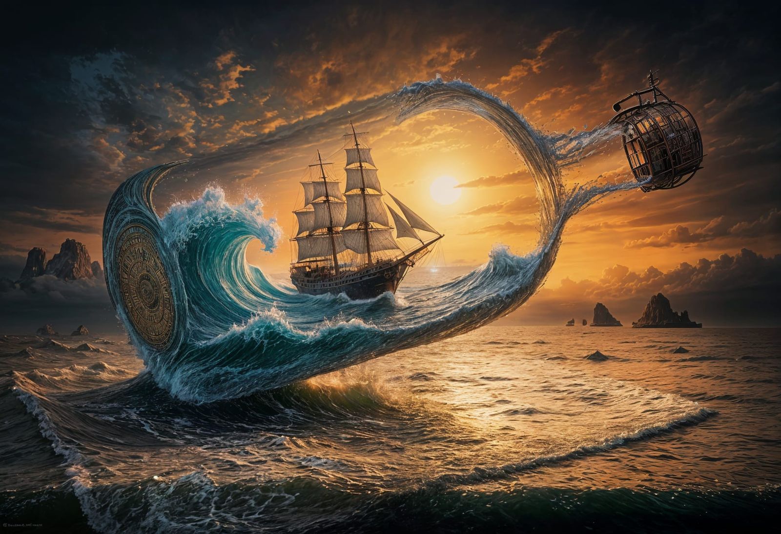 Miniature Pirate Ship in Glass Bottle: Surreal Oil Painting