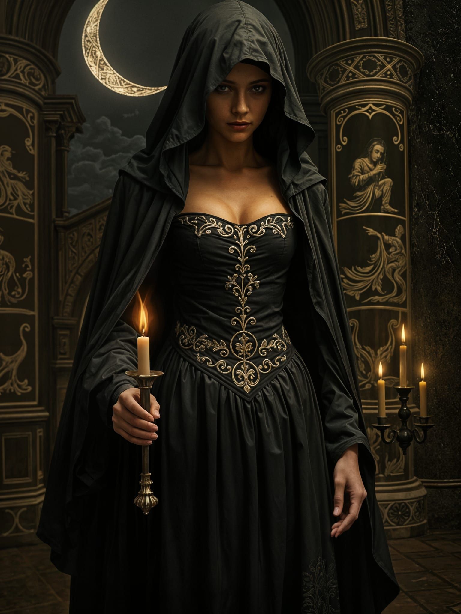 Mysterious Woman in Hooded Cloak with Candlelight