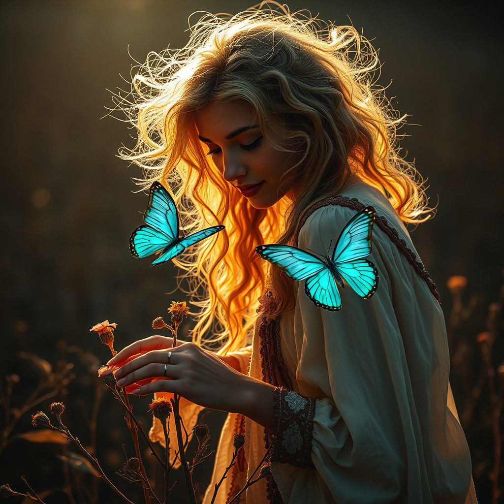 Bohemian Woman in Desolate Field, Art Nouveau Style