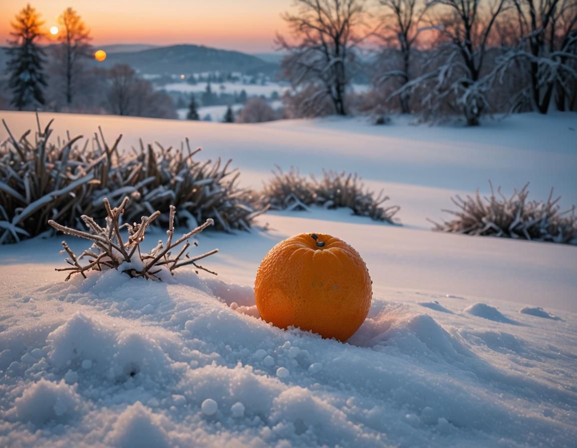 Orange Fruit in Winter Landscape, Bierstadt Style