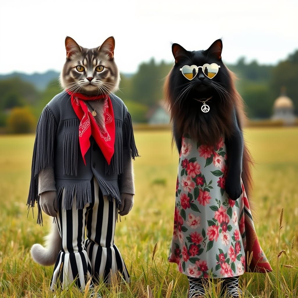 Two Hippie Cats in a Field, 1960s Style