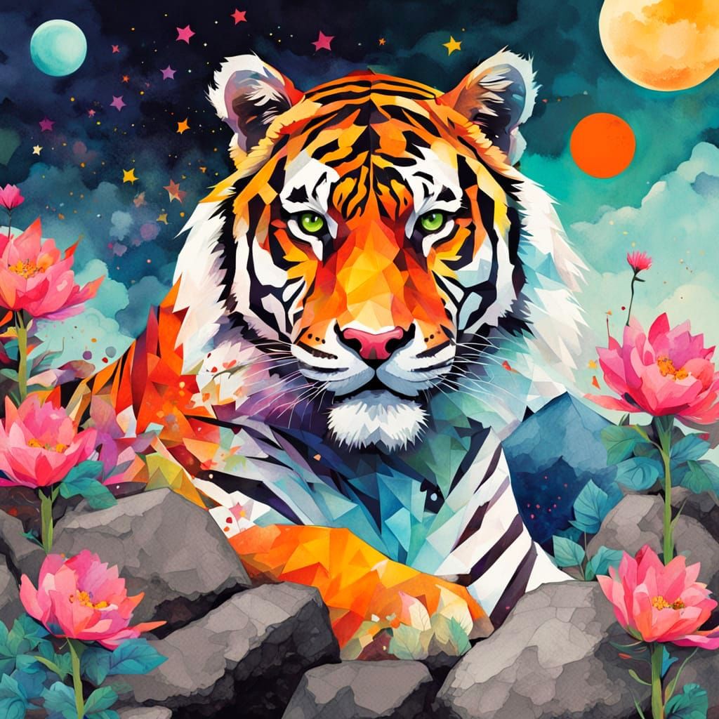 Majestic Tiger in Watercolor Sky