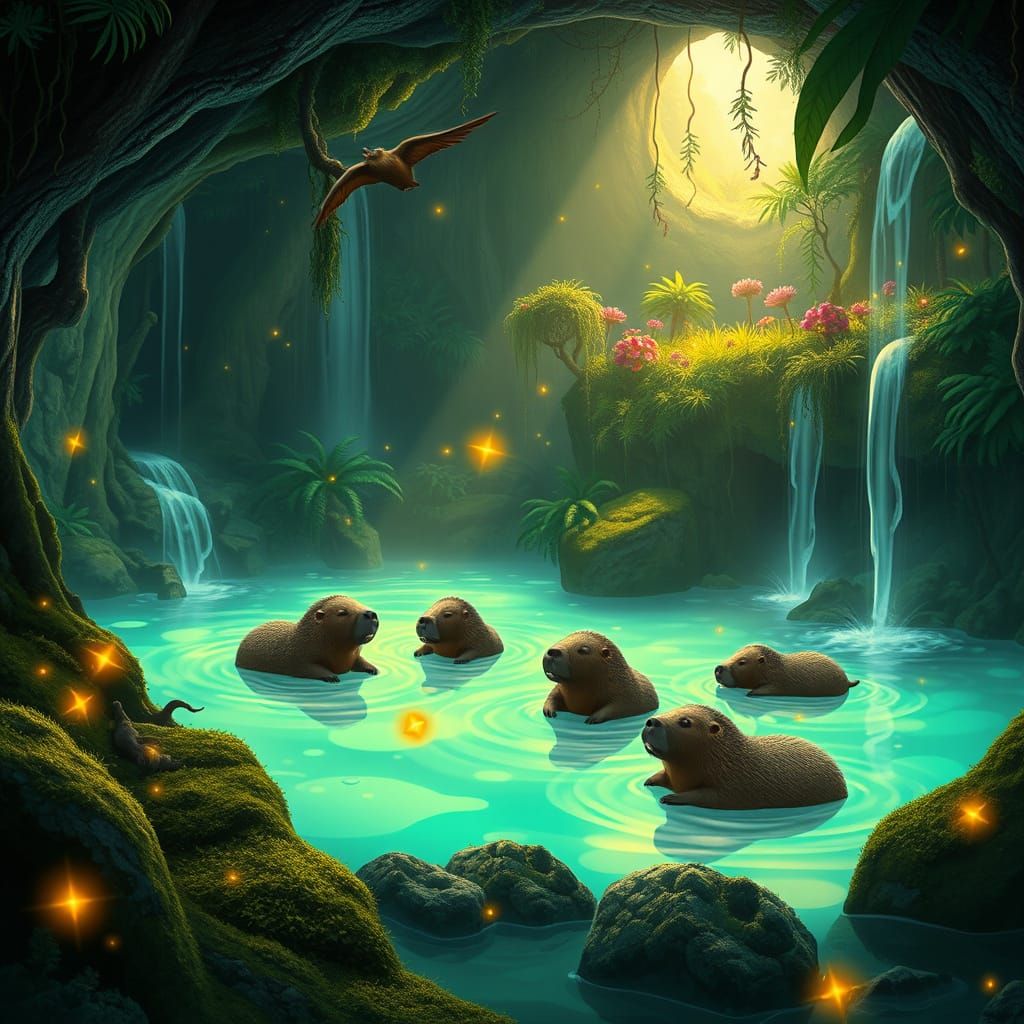 Bioluminescent Grotto with Capybaras in Miyazaki Style