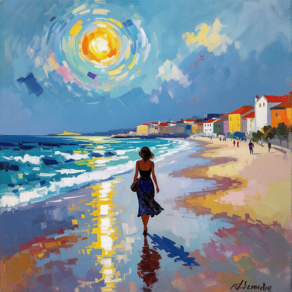 Rainy Beach Walk in Cádiz: An Expressionist Painting