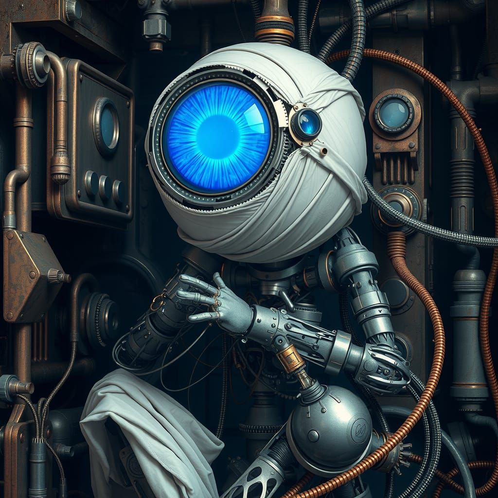 Biomechanical Entity in Dystopian Landscape