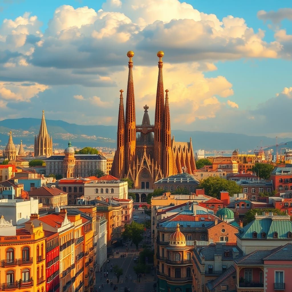 Barcelona Cityscape Inspired by Surrealist and Modern Art