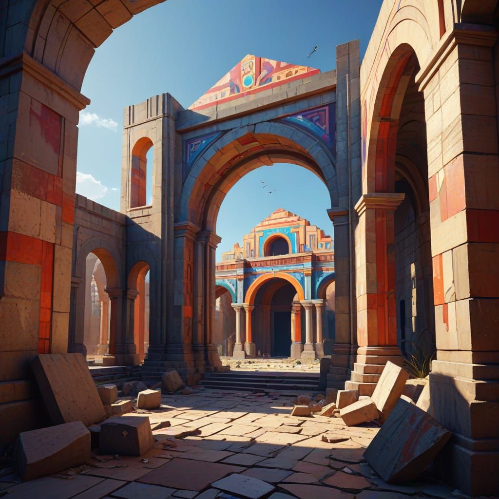 Ruined Spanish Temple in Geometric Art Deco Style