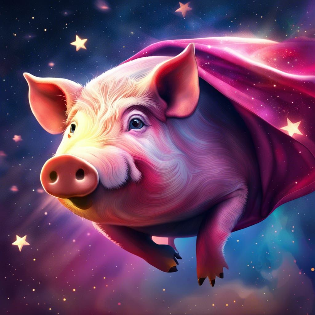 Hyperrealistic Pig Flies in Starry Sky