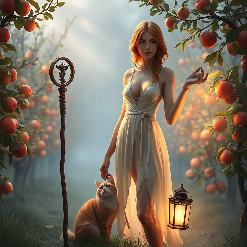 Fantasy Art: Woman with Cat in Futuristic Apple Orchard