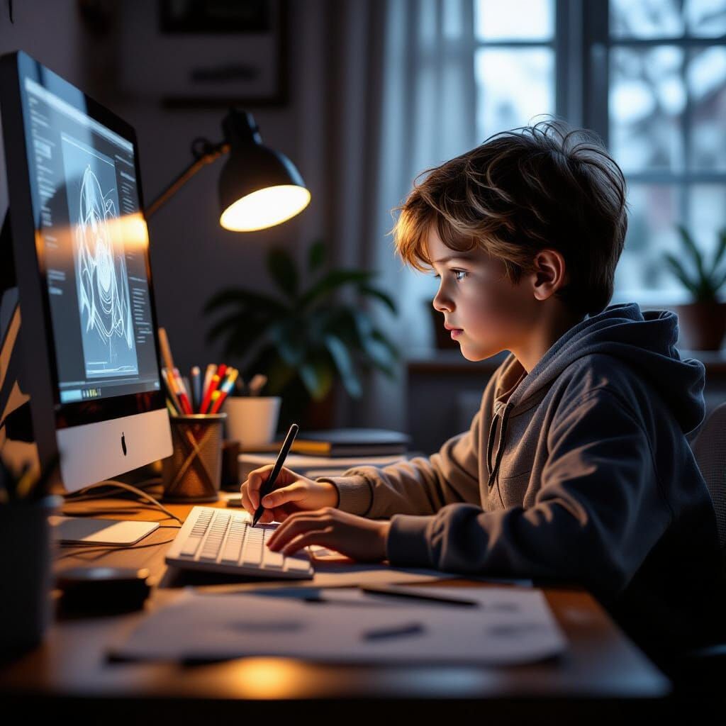 Boy Sketches Digitally at Cluttered Desk