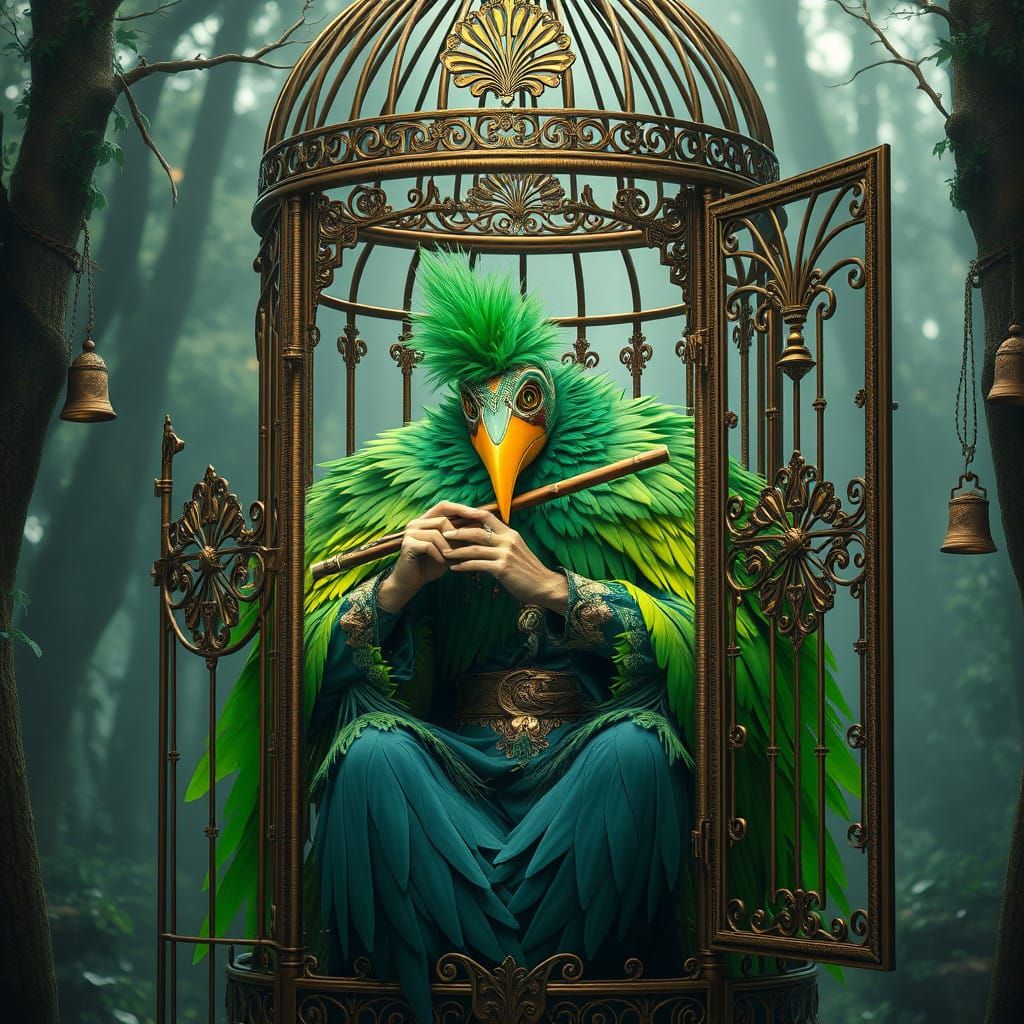 Majestic Man in Vibrant Green Feathers and Birdcage, Playing...