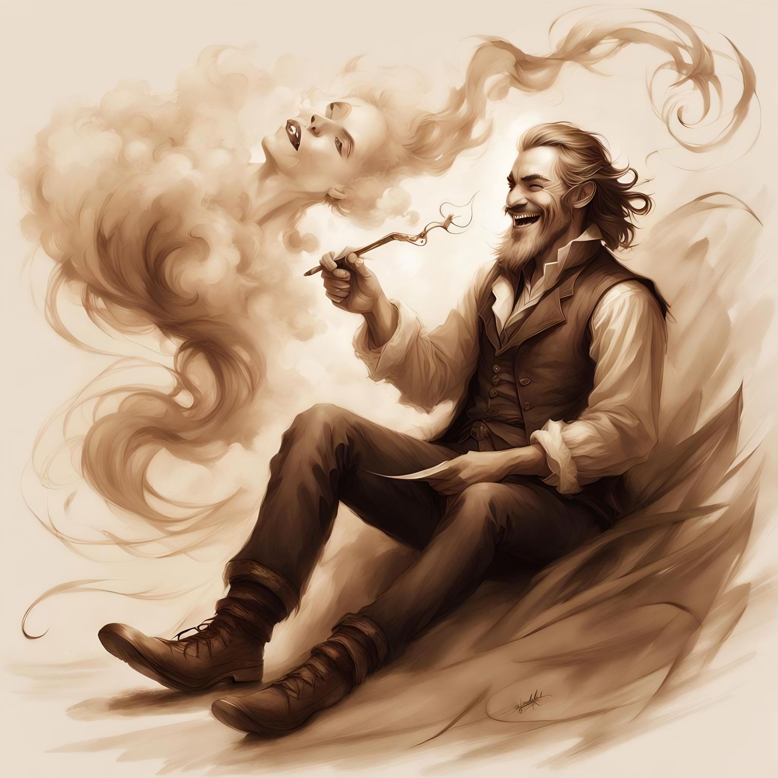 Laughing Hobbit Bard in Sepia Fantasy Art