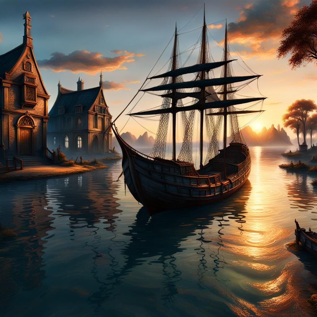 Sunset on Mudflats with Dolphins, Matte Painting