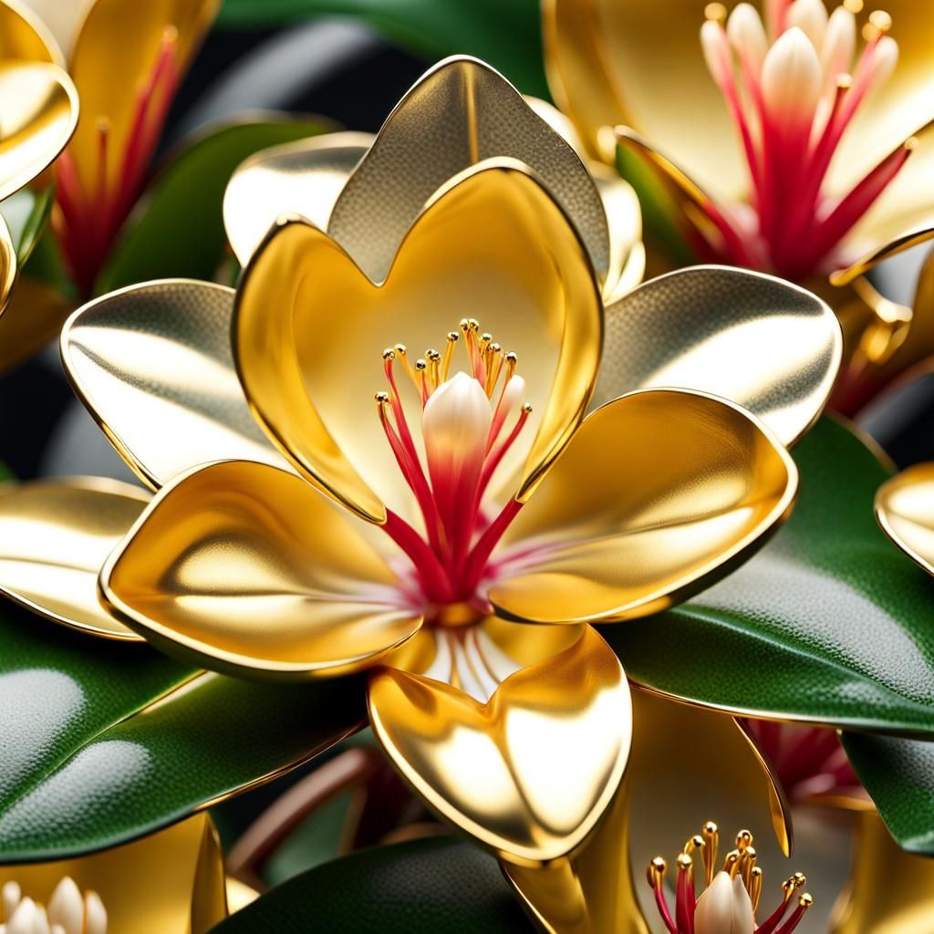 Polished Metal Rhododendron Flower in Hyperrealistic Style