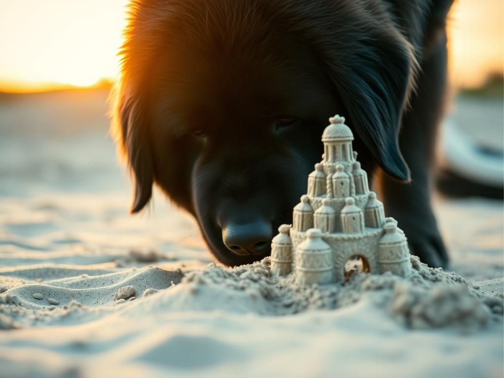 Newfoundland Dog Sniffs Sandcastle at Sunset