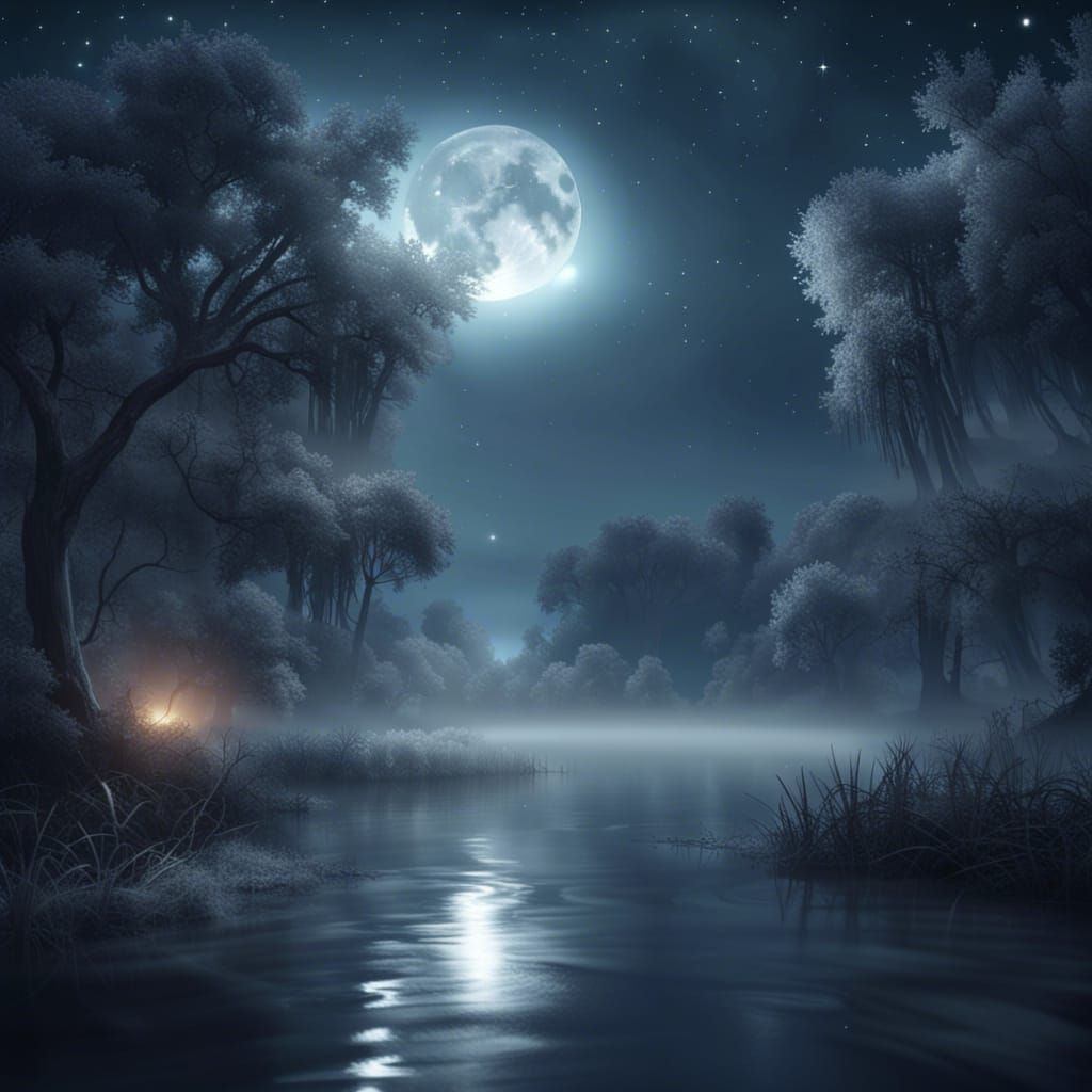Moonlit Bayou with Starry Night Sky