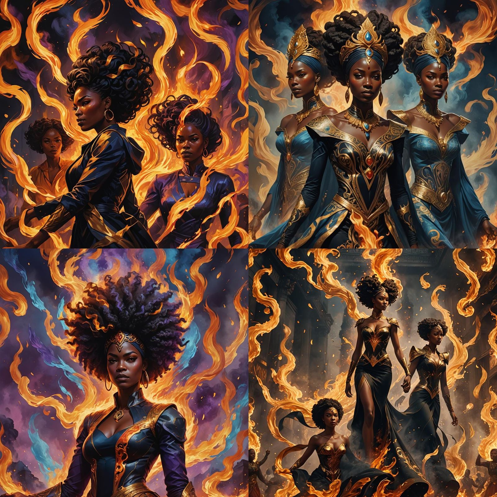 Elegant Black Women with Fire in Matte Painting Style