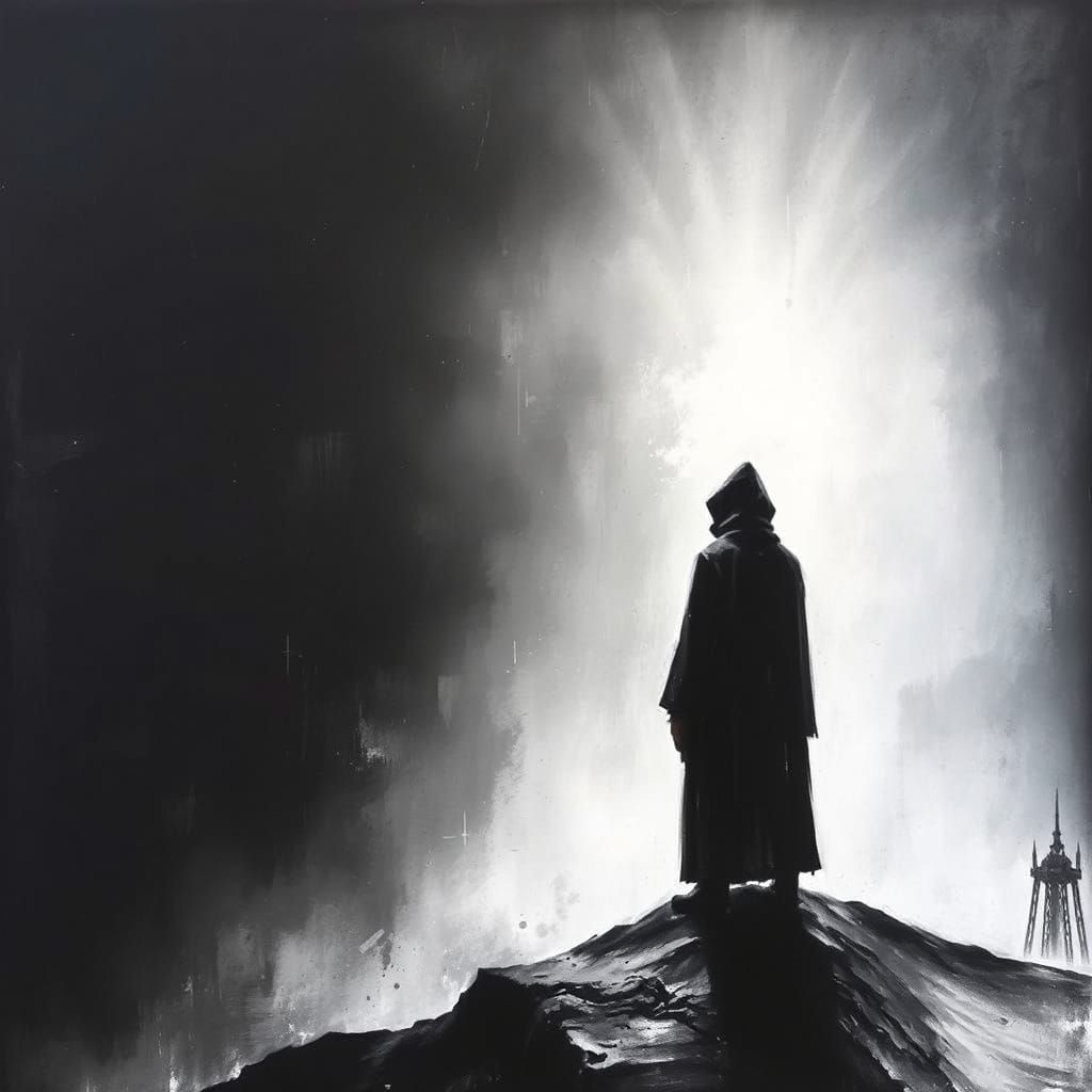 Lone Figure Stands at Edge of the Void in Monochromatic Land...