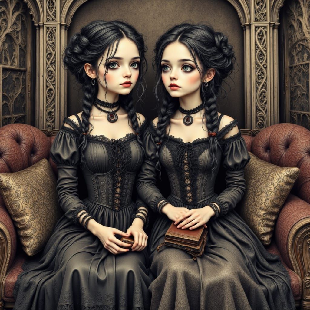 Gothic Bohemian Sisters in Whimsical Art Nouveau Style