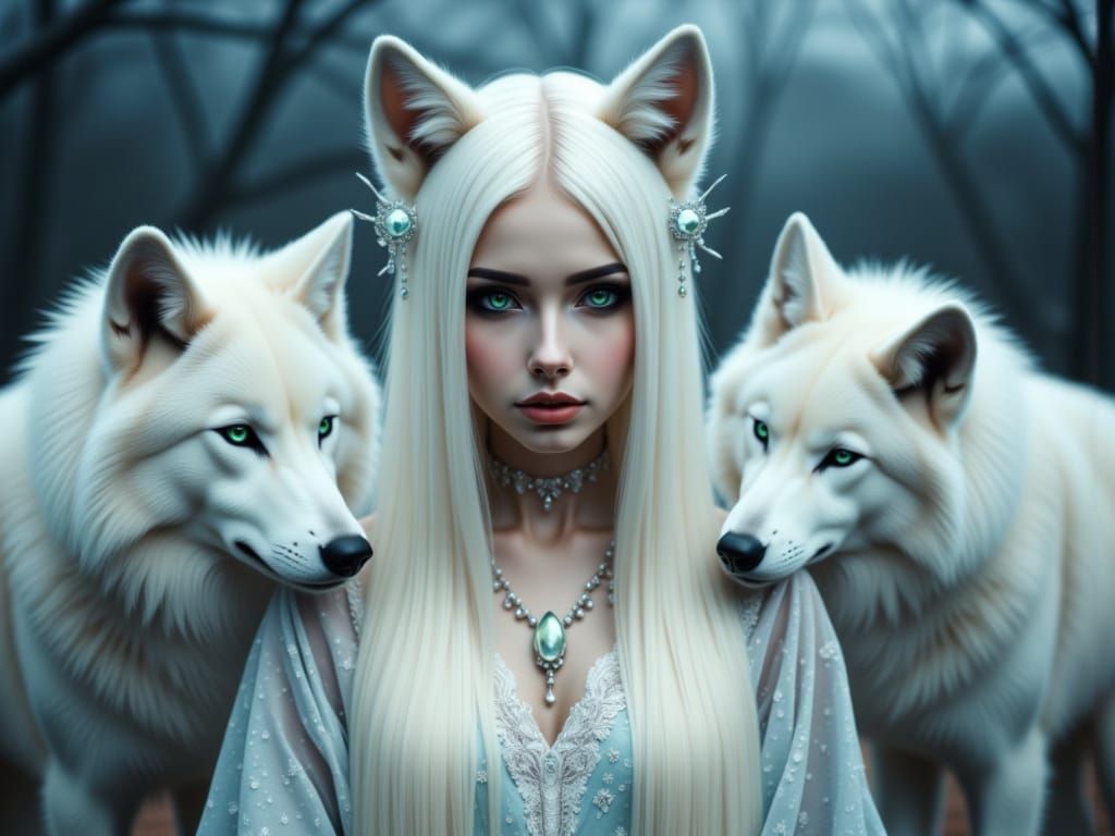 Ethereal Digital Painting of Woman with Wolf Ears and Tails