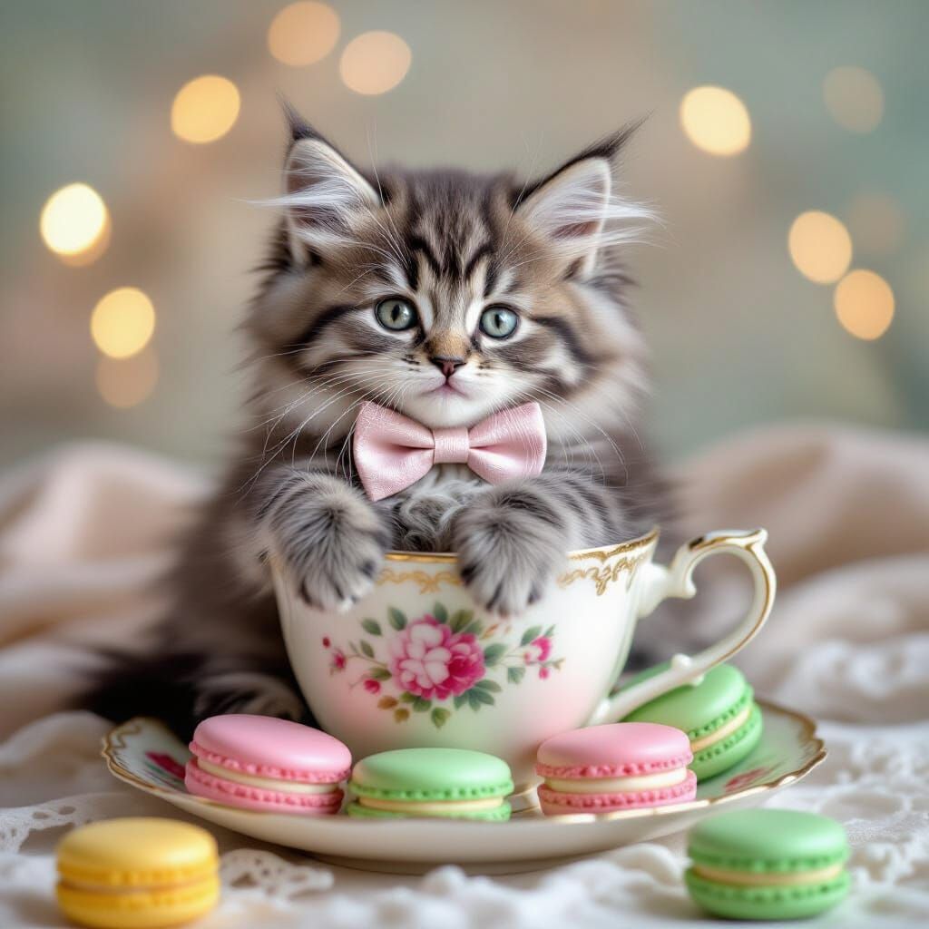 Kitten in Teacup with Macarons: Whimsical Art