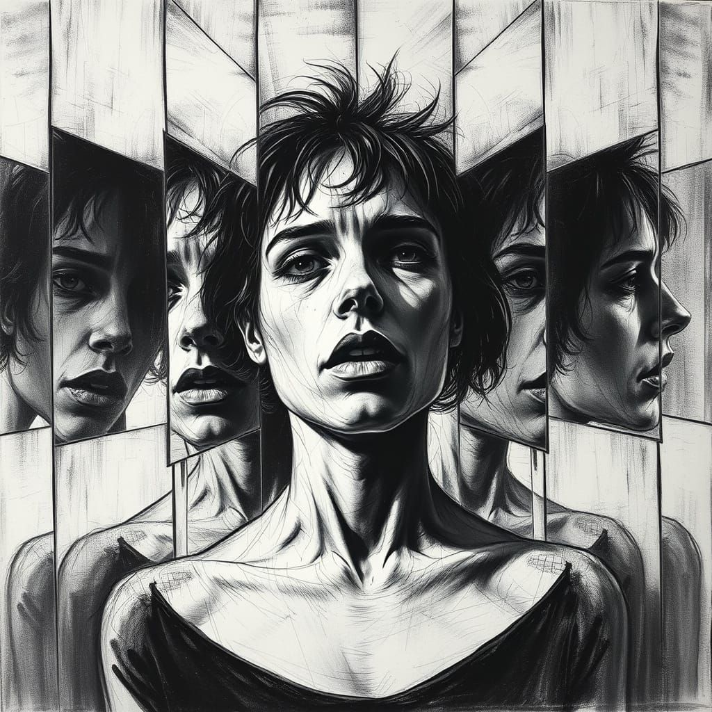 Fragmented Self Portrait in Charcoal Drawing Style