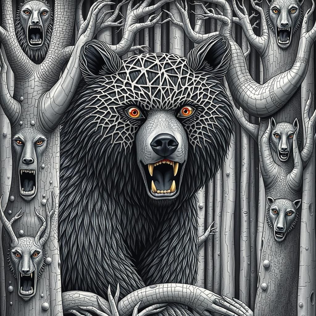 Bear Guardian in Forest, Metal Carving Style