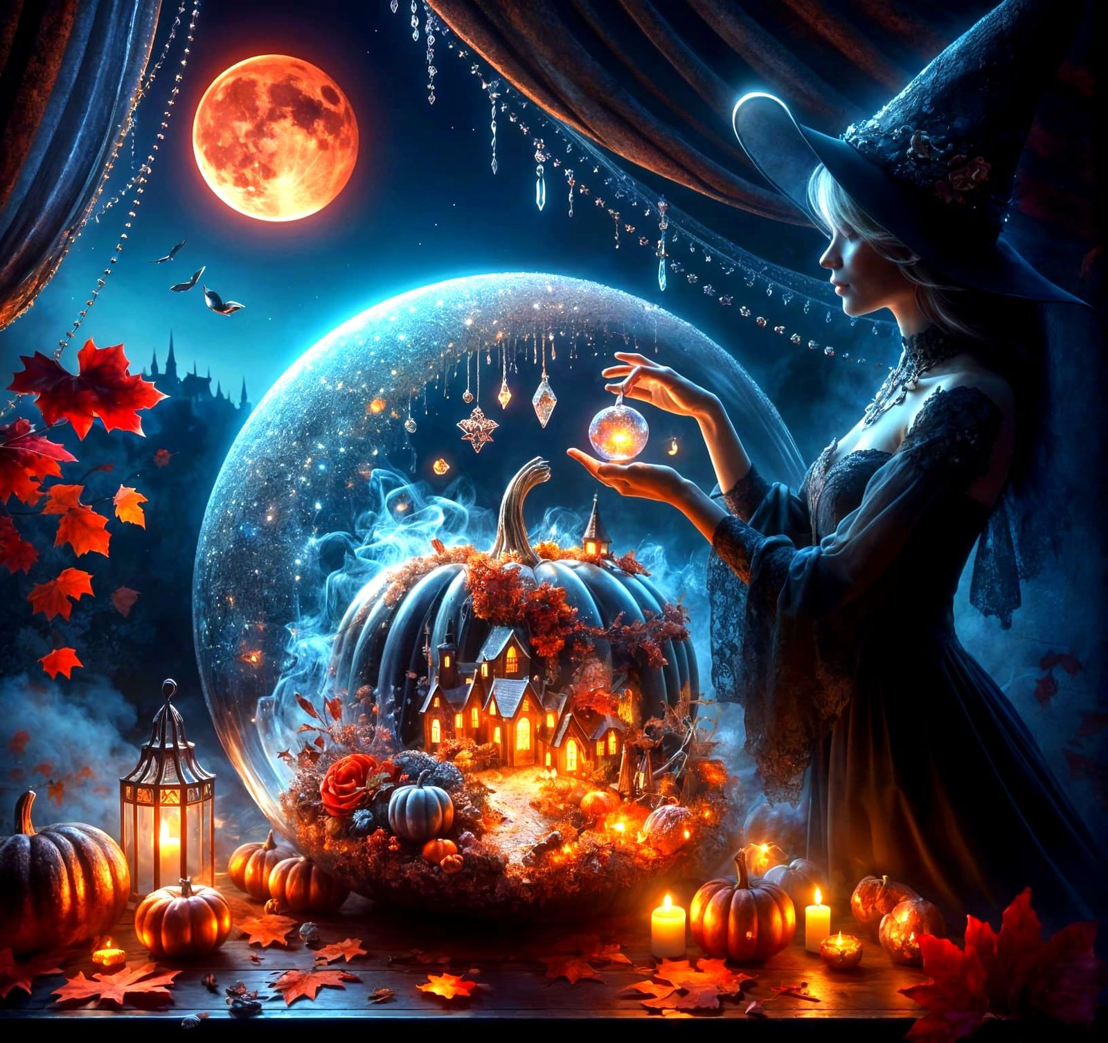 Witch's Glass Pumpkin with Gothic Garden Under Red Moon