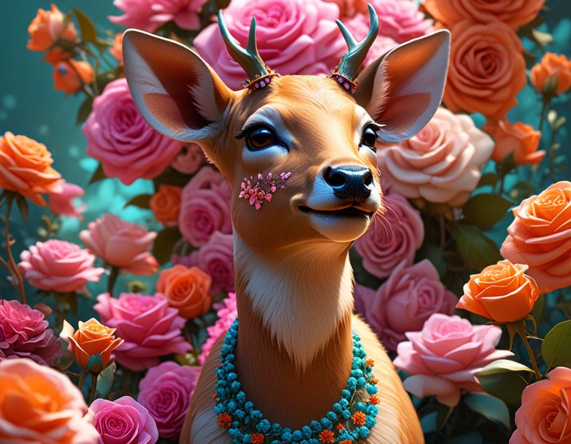Joyful Fawn in Rose Garden, Art Nouveau Style