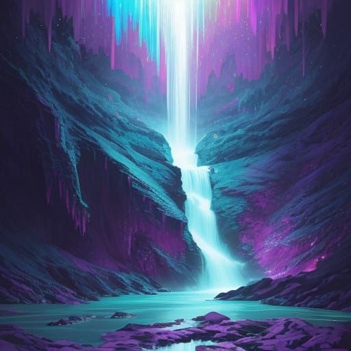 Glassy Waterfall Cascades with Crystal Gems and Rubies in a....