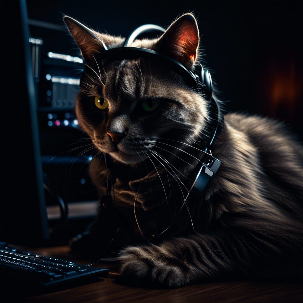 Salem the Cat Gaming with Headphones