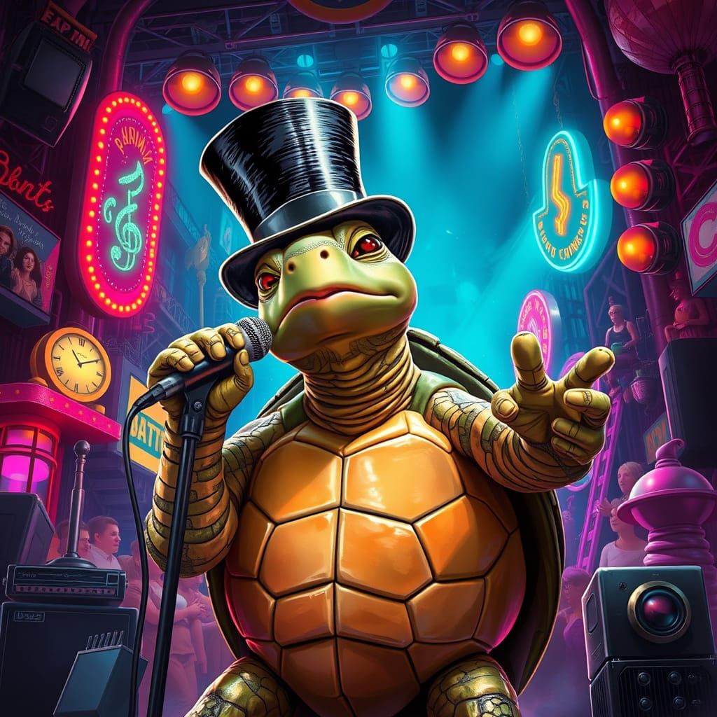 Turtle Sings on Broadway in Airbrush Style