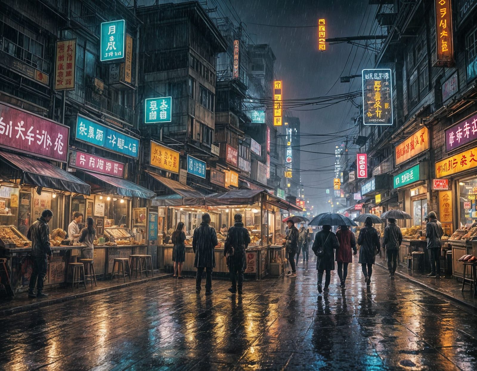 Cyberpunk Street Food Vendors in Rainy Night Market