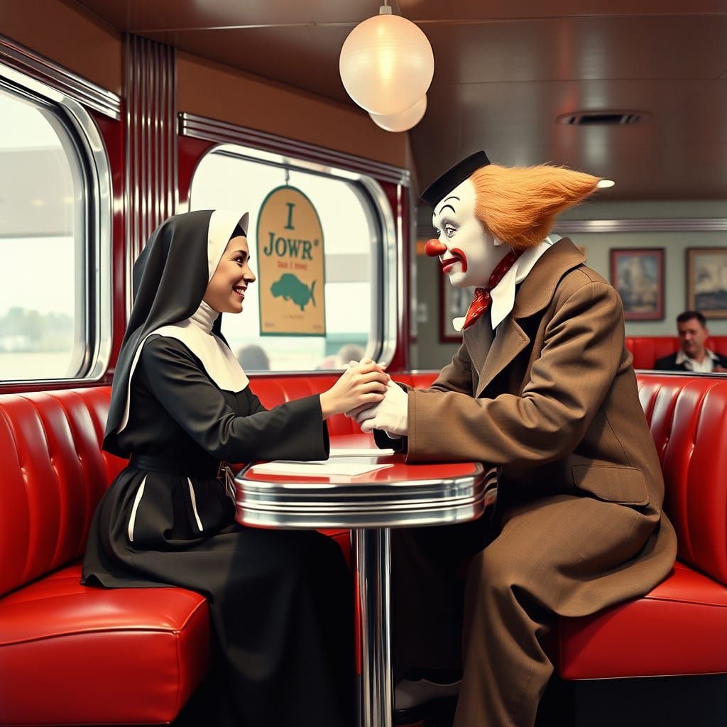 Whimsical 1950s Diner Romance: Nun and Clown Share Joyful Mo...