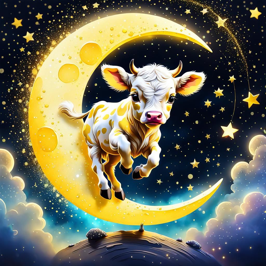 Calf Jumps Over Moon in Vivid Watercolor Art