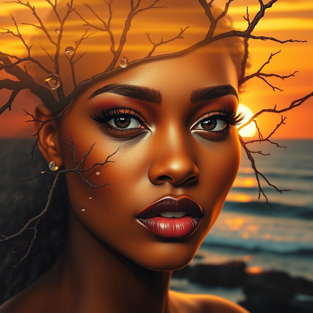 Surreal Sunset Portrait of a Woman in Organic Fusion