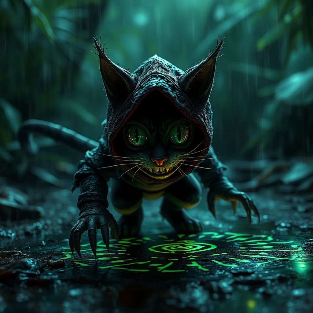 Cheshire Cat Ninja in Grungy Rainforest Scene