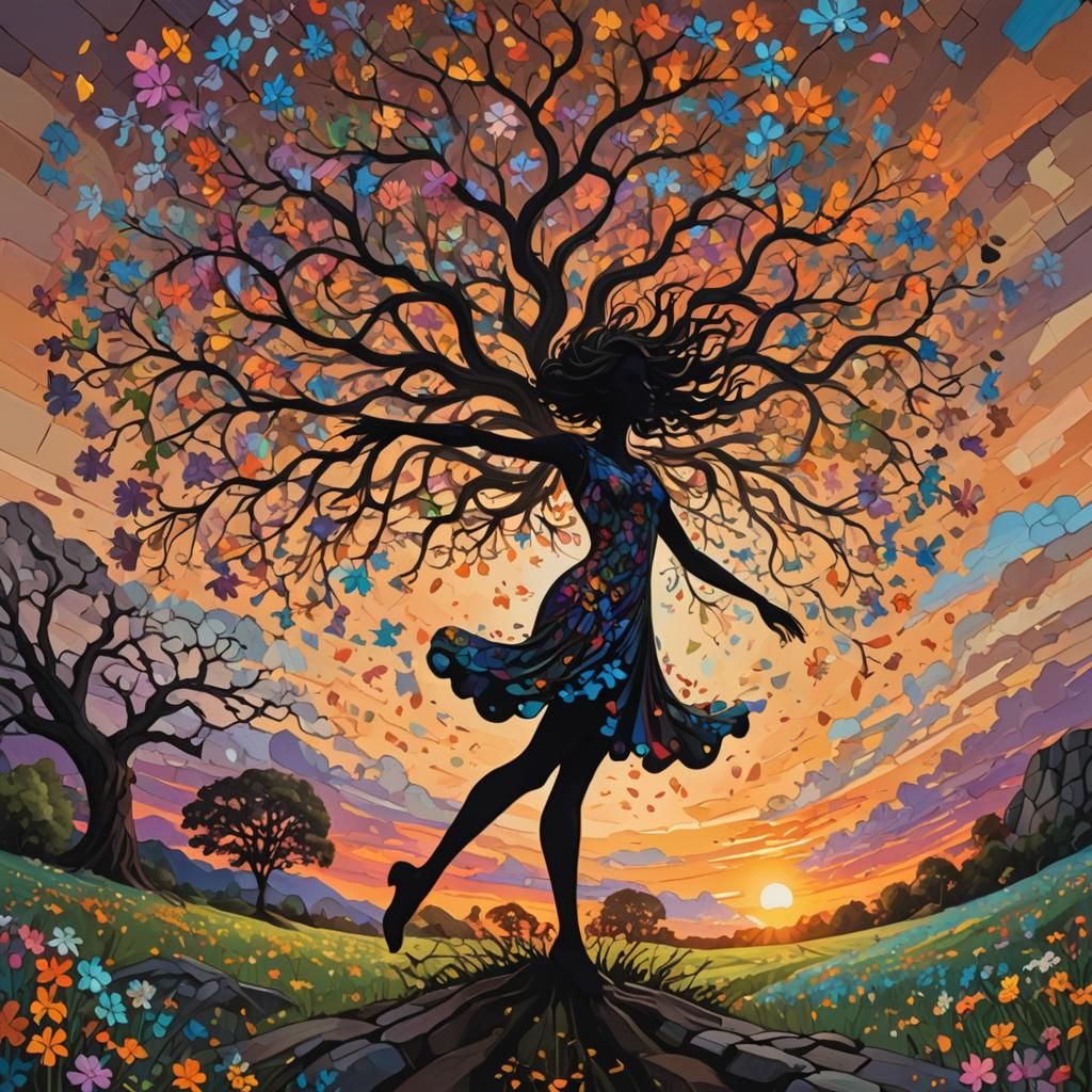 Flower Spirit Dances at Sunset: Oil Painting
