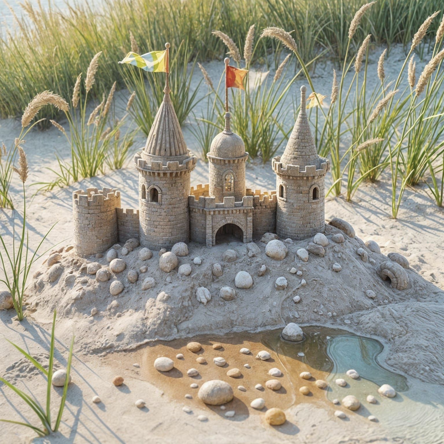 Detailed Sand Castle in Gouache Watercolor Style
