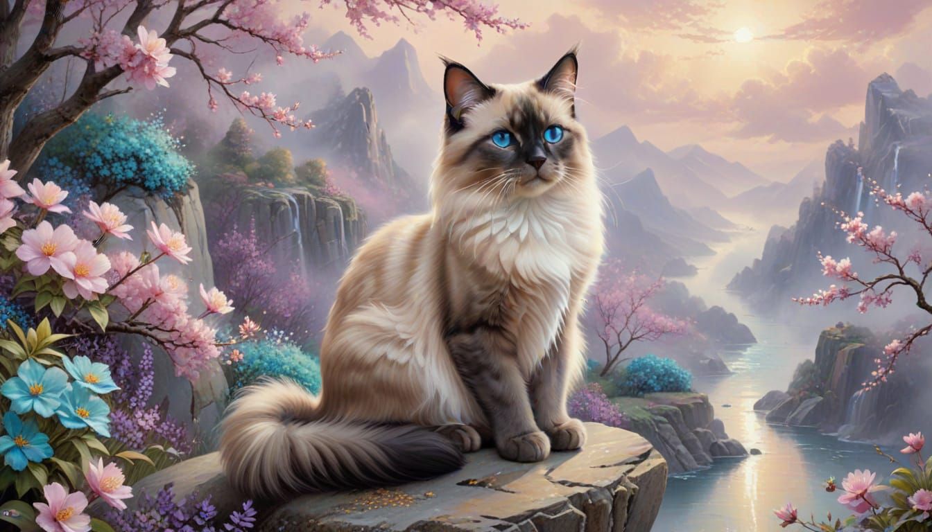Siamese Cat Amidst Cherry Blossoms in Ethereal Landscape