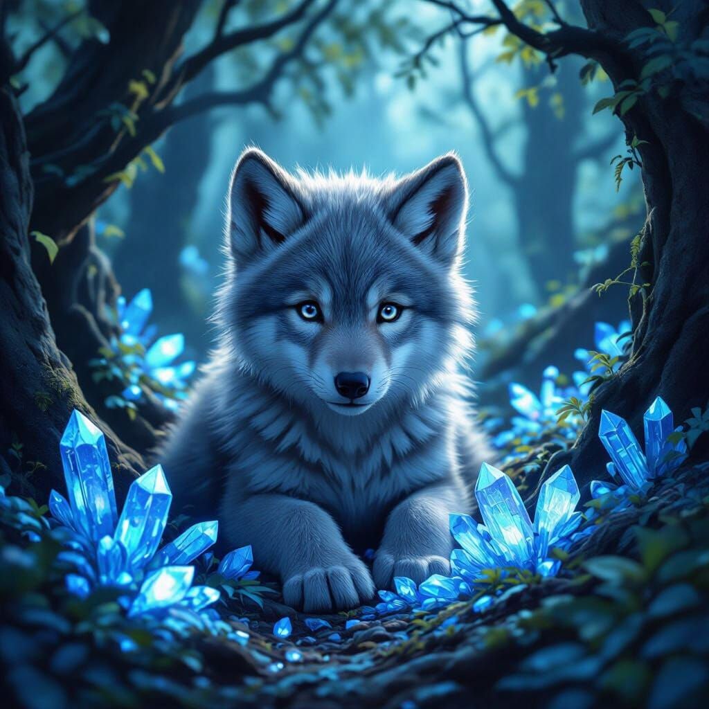 Grey Wolf Cub in Crystal Forest