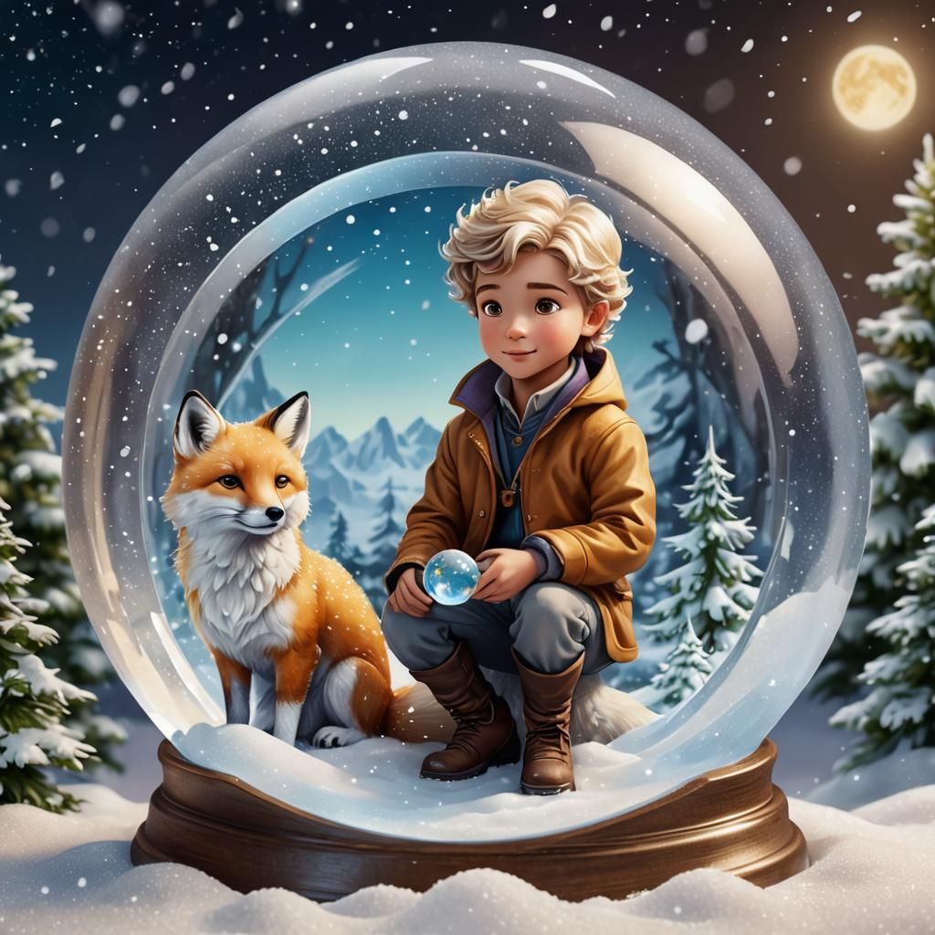 Whimsical Prince and Fox in Snow Globe