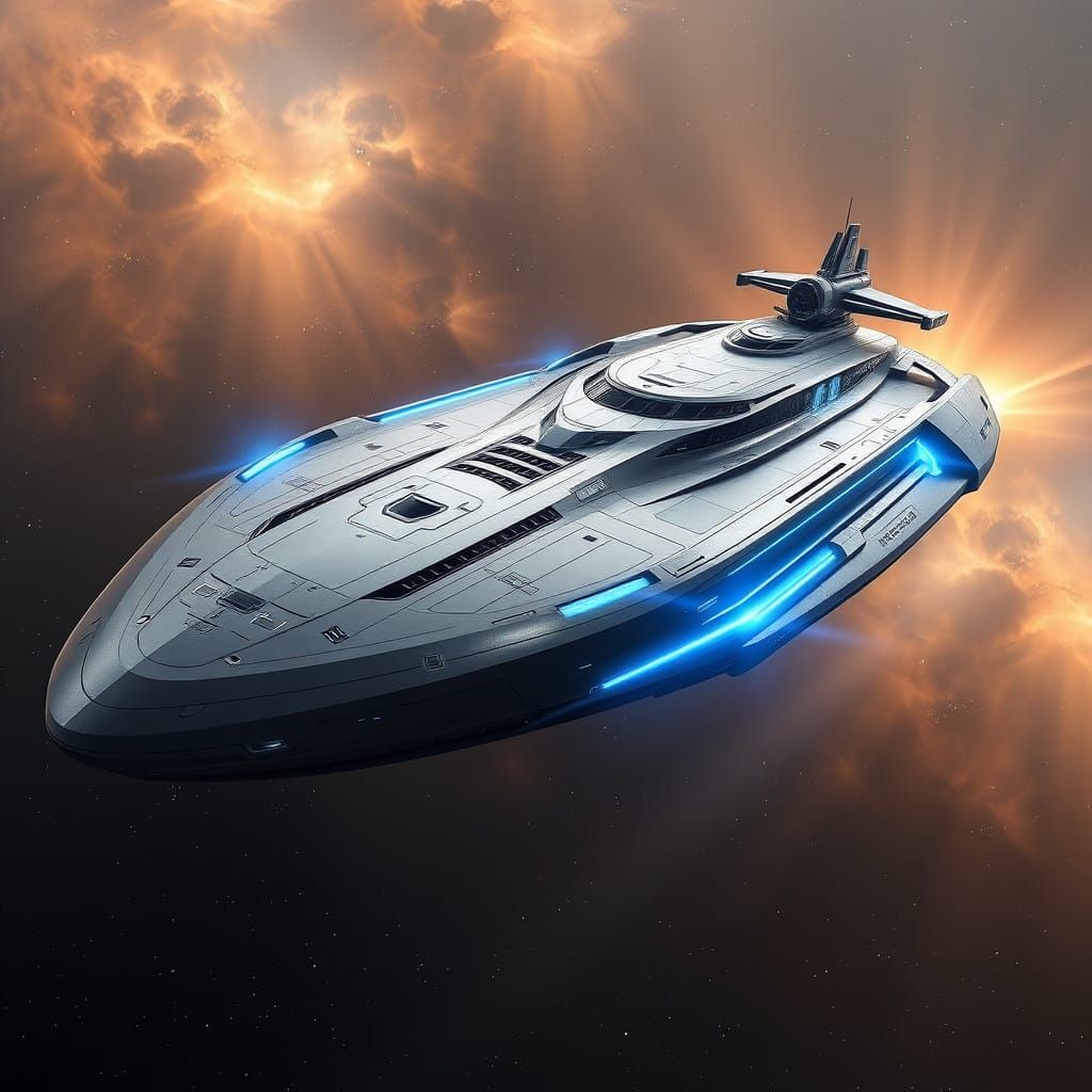 Sleek, High-Tech Starship Blending Freighters and Luxury Yac...