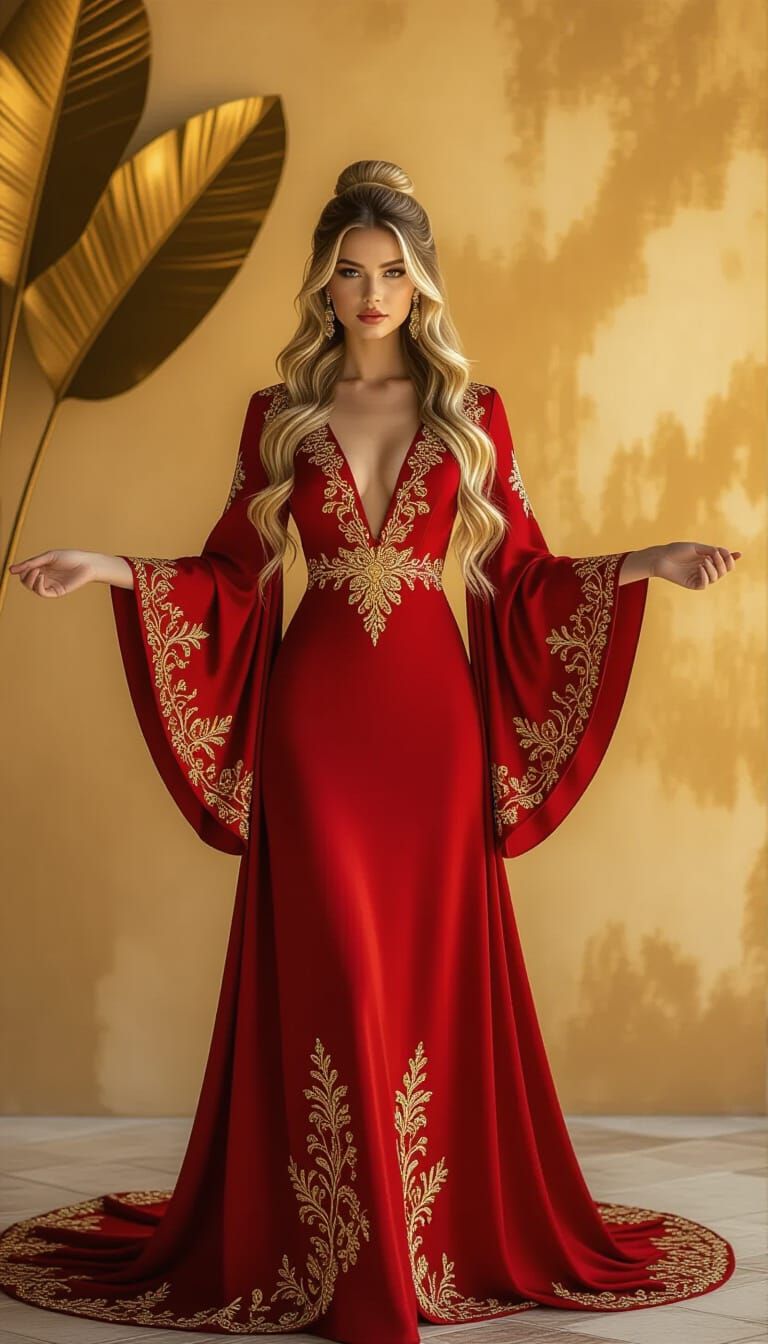 Elegant Woman in Red Silk Gown, Golden Light