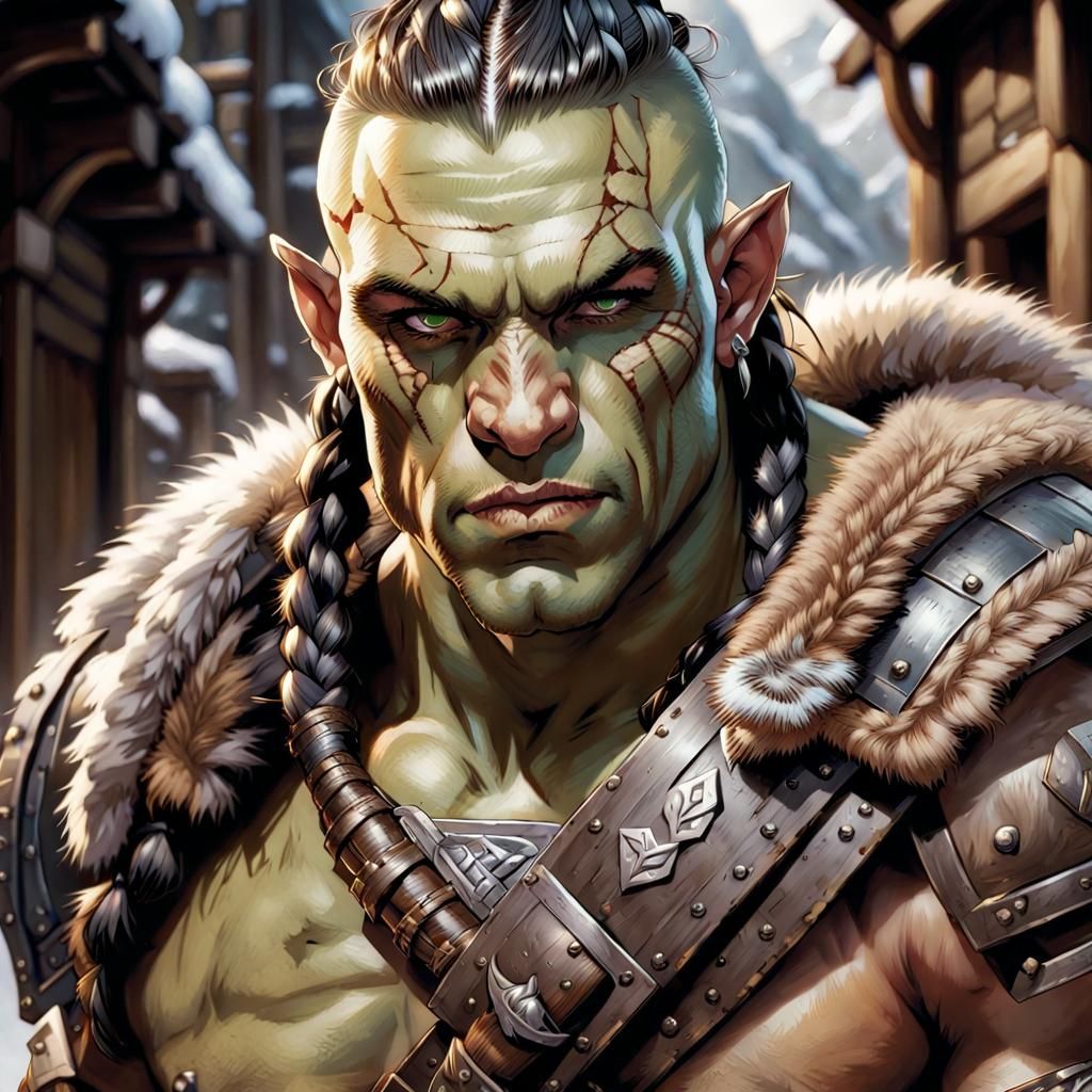 Half-Orc Barbarian Portrait in Comic Book Style