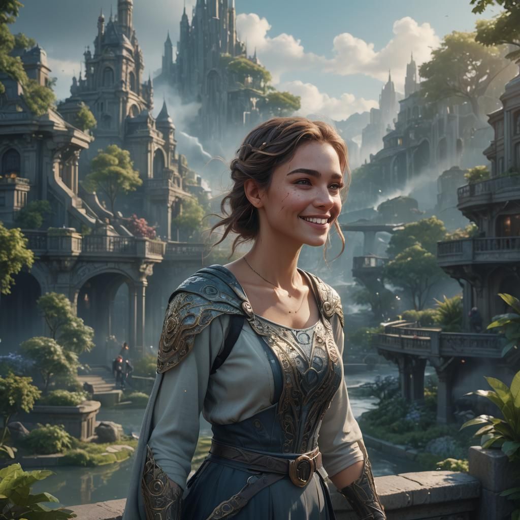 Beautiful Woman Smiling in Urban Park, Digital Matte Paintin...