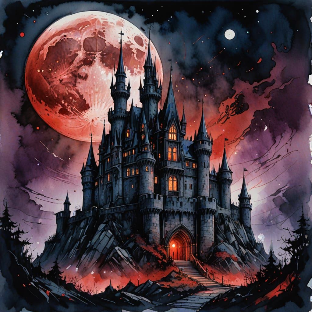 Gothic Castle Under Blood Moon Watercolor Art