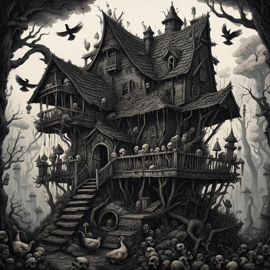 Baba Yaga's Walking House: Dark Fantasy Illustration