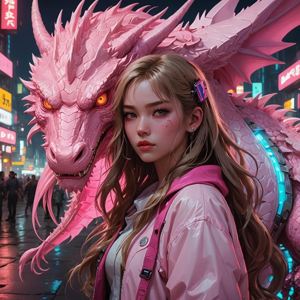 Anime Girl Watched by Dragon in Cyberpunk Style