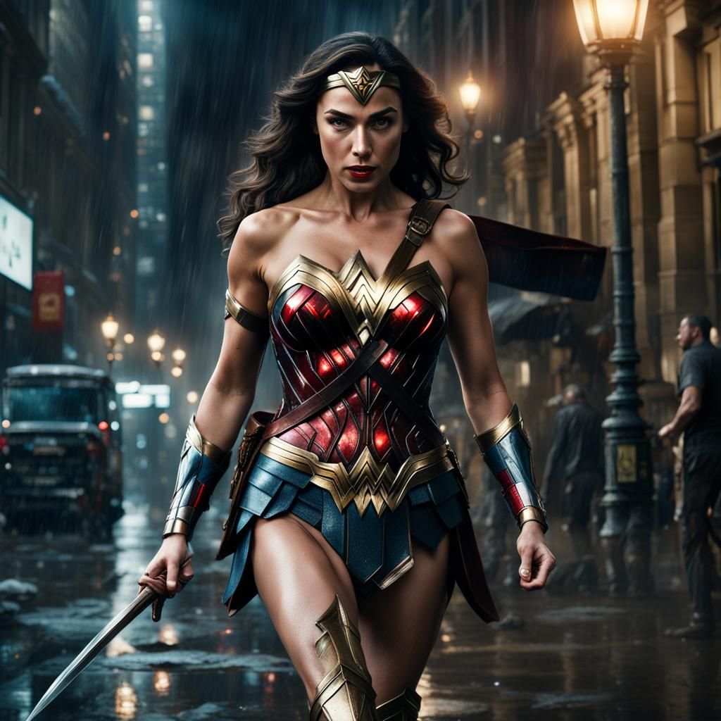 Wonder Woman Attacks in Rainy City Night